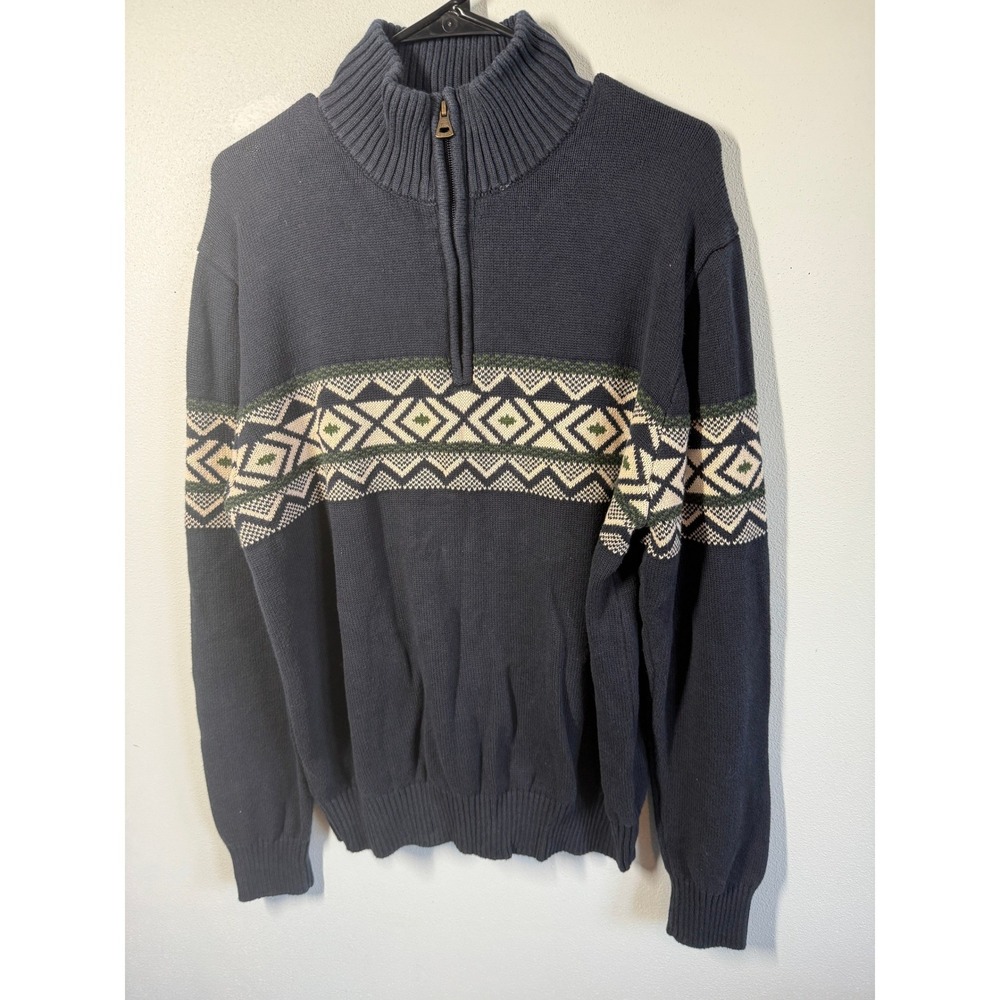 Weatherproof Vintage Mens Navy Blue Fair Isle Quarter Zip Cotton Sweater Large